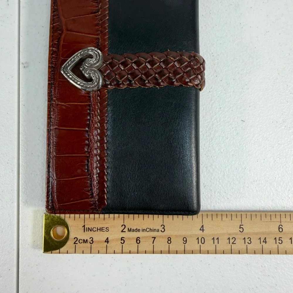 Brighton‎ OS Wallet Tri-Fold Western Heart Braided Croc Leather Black Brown Vtg